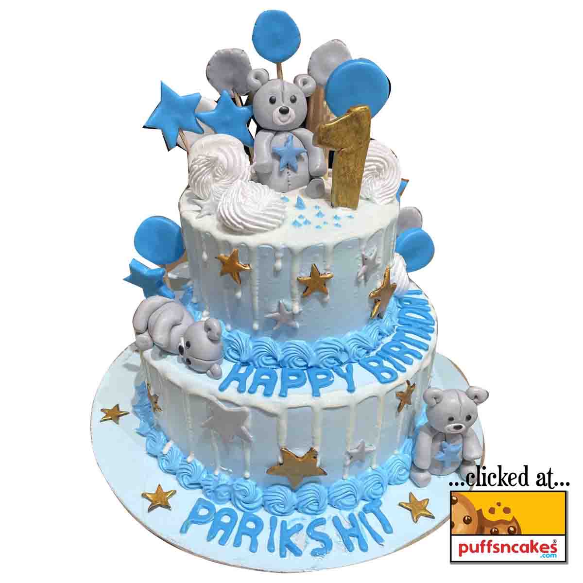 (1032) First Birthday Teddy Theme Semi Fondant Cake